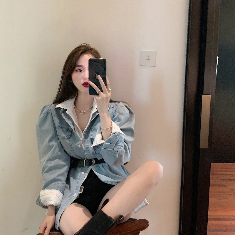 香港スタイルのレトロデニムシャツレディース秋ルーズ長袖シャツジャケットデザインニッチミドル丈トップ ブラックストロベリース23053635963