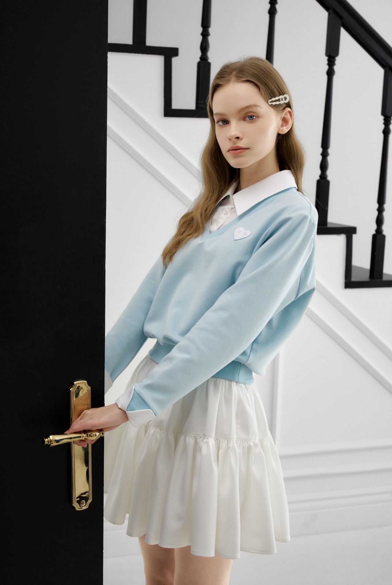 GOXO ゴーエックスオー スマイルハートシャツVネックマンツーマン スカイブルー