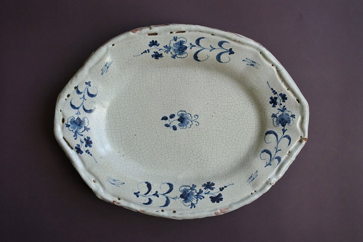 19th C. French Floral Oval Platter, Cul Noir