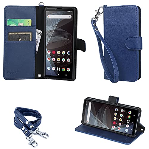 wisers Xperia 10 III ケース 手帳型 SO-52B SOG04 A102SO スマホケース カバー 牛革PUレザー カードホルダー スタンド機能付 ハンドストラップ ネックストラップ カード収納 ダークブルー