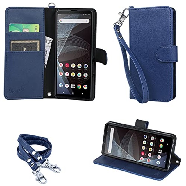 wisers Xperia 10 III ケース 手帳型 SO-52B SOG04 A102SO スマホケース カバー 牛革PUレザー カードホルダー スタンド機能付 ハンドストラップ ネックストラップ カード収納 ダークブルー