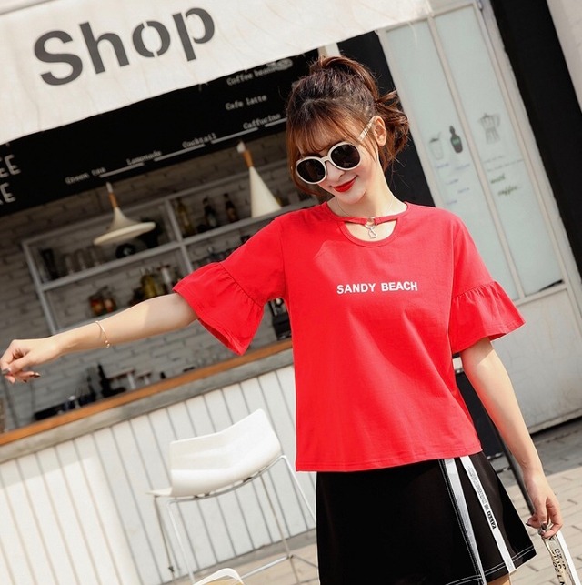 Ｔシャツ シャツ フレア レディース 半袖 カットソー クルーネック トップス レッド