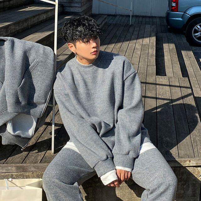 予約販売】メンズ セットアップ 上下 ラウンドネック ルーズ ニット