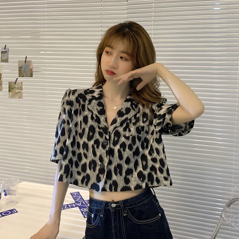サマースタンダードスタイルショートシャツ レオパードプリント柄トップス レディース レトロ 夏物 スーパーモール22883916240