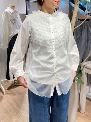 ノーカラーチュールブラウス［Color:ホワイト］