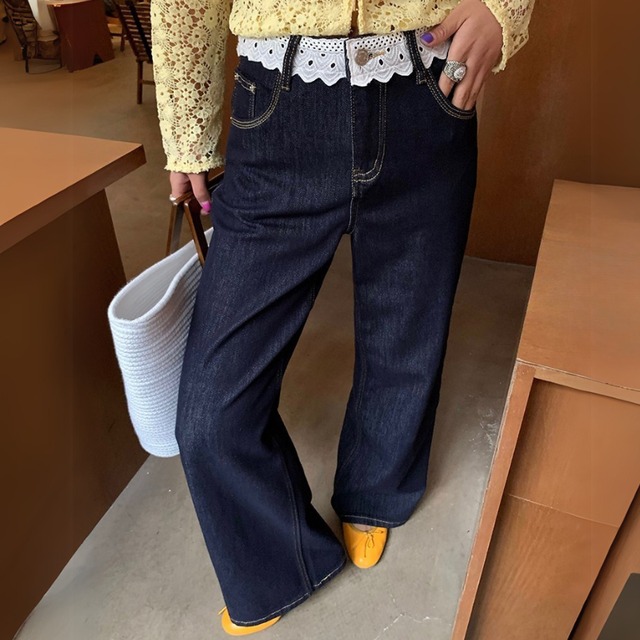 Lace waist denim wide pants 00349