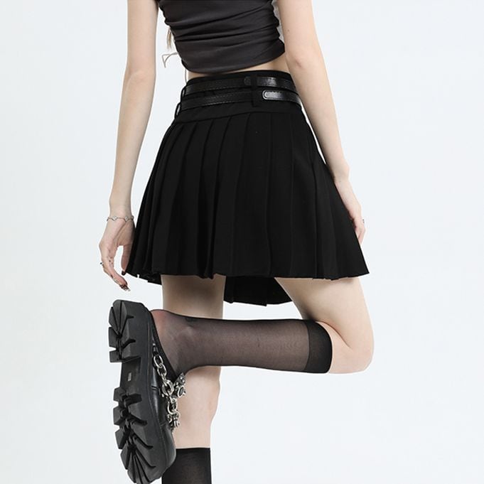 全2色 プリーツスカート ダブルベルト ミニ丈 ミニスカート インパン