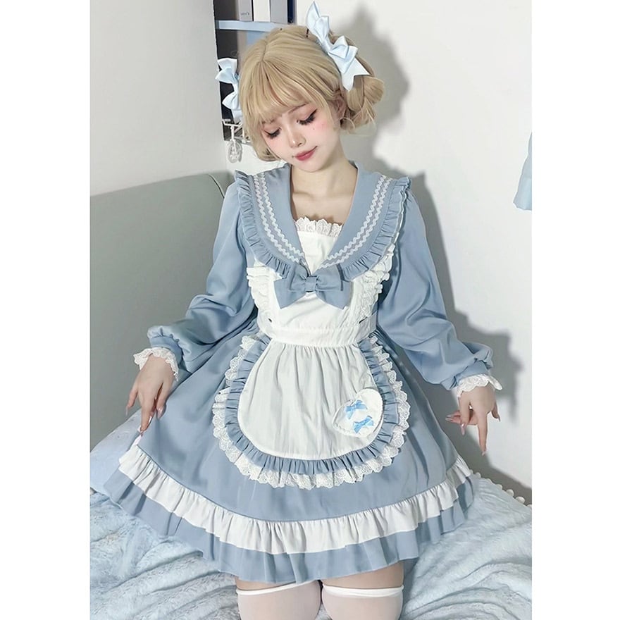 ワンピース エプロン フリル 長袖 バルーンスリーブ セーラー服 メイド