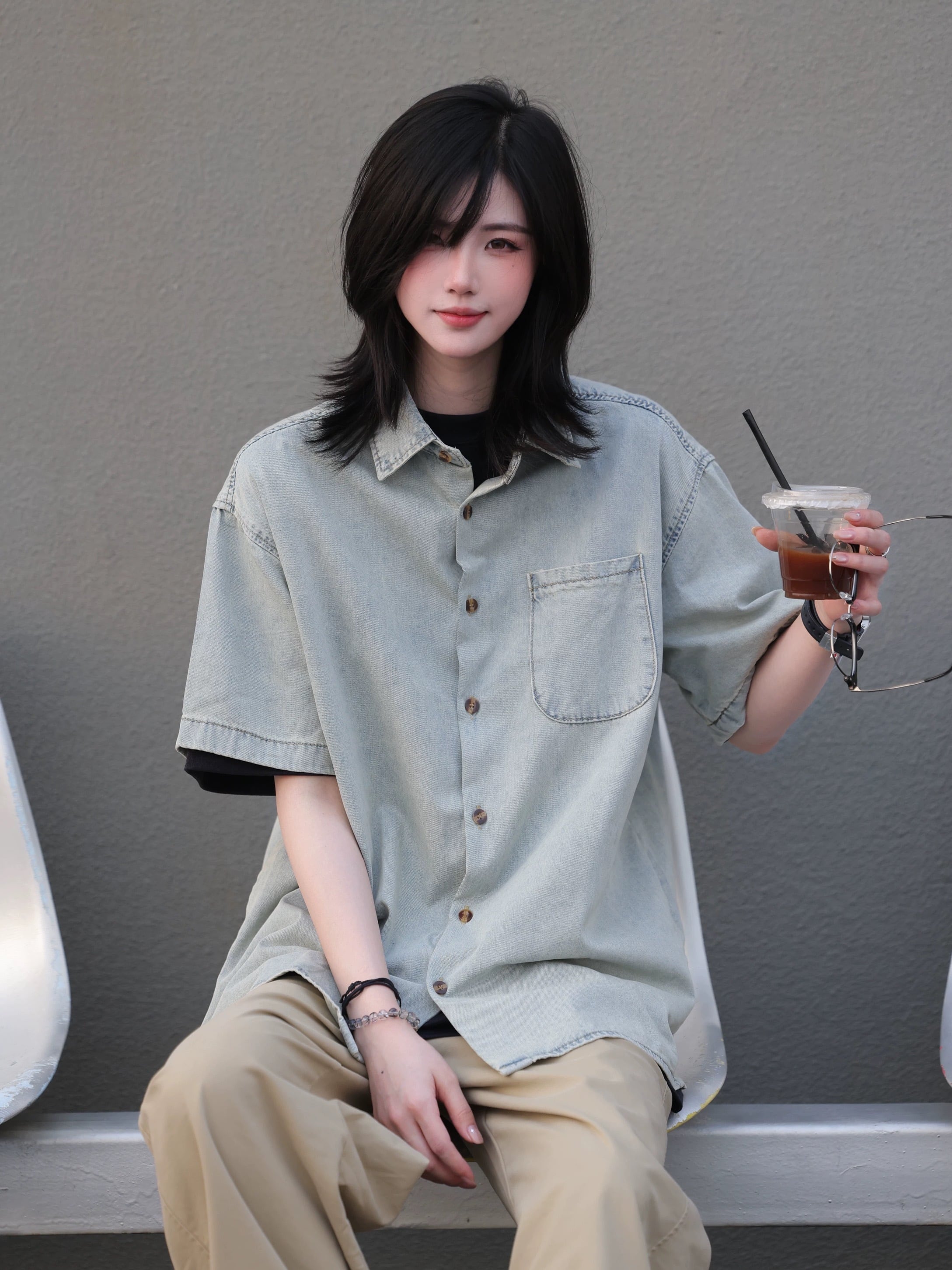 ウォッシュドデニムショートスリーブシャツ / Washed Denim Short Sleeve Shirt