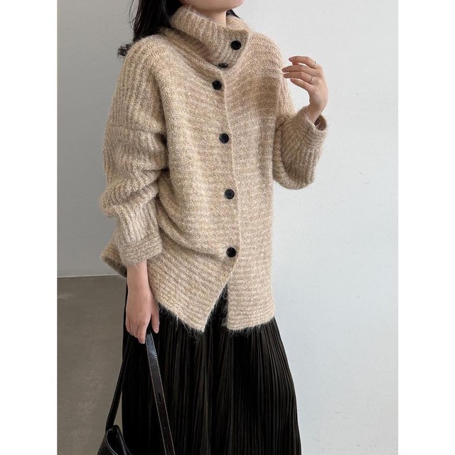 melange high-neck 2-way knit cardigan