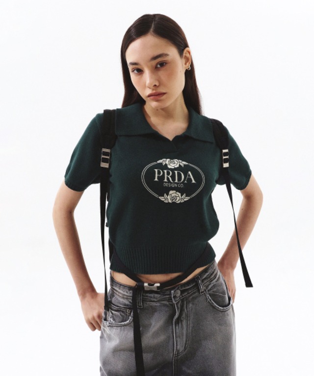 [PRENDA] COLLAR SHORT SLEEVE KNIT DARK GREEN
