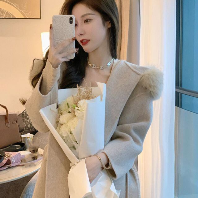 【予約販売】ガウンコート レディース アウター かわいい フード ファー ふわふわ ミィディ丈 S/M/L/XL