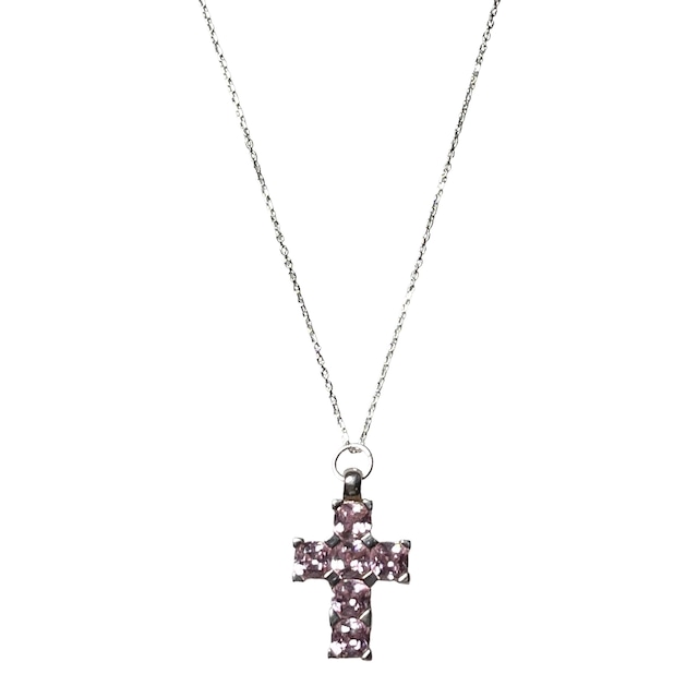 vintage silver cross pendant necklace set with pink rhinestone