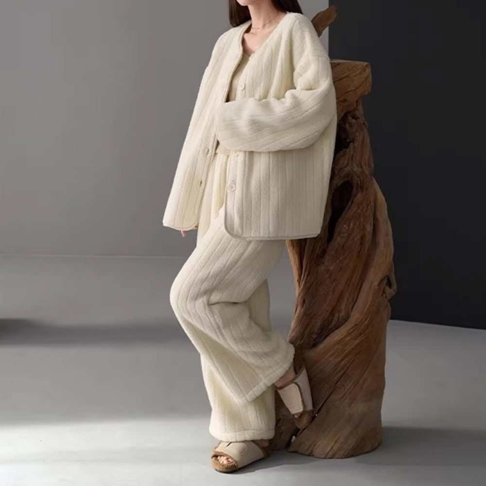 【M-XL】ladies warm flannel simple design cardigan style pair pajamas p1601