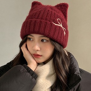 ニット帽 レディース 秋冬 猫耳 リボン付き ビーニー シャギーニット リブ 折り返し ニット キャップ 韓国 Y2K バレエコア 防寒 保温 ガーリー 大人可愛い 推し活 ライブ イベント 通学 お出かけ [LW-CGH003]