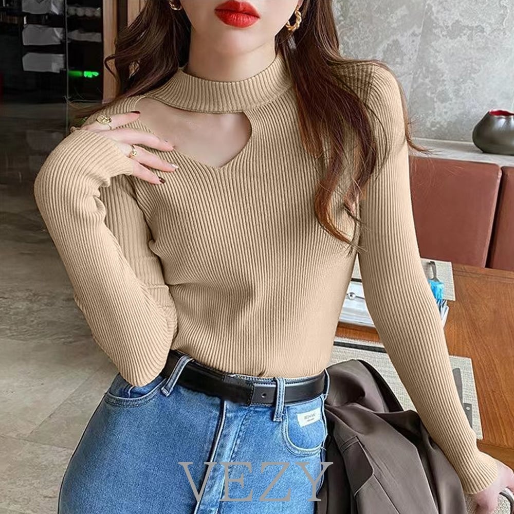 ニットトップス デコルテカットリブニット セクシー ニットプル