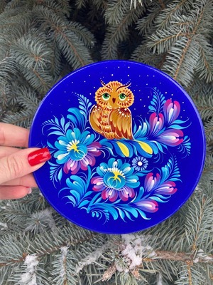 ペトリキウカ塗りのプレート　梟 （ティモシェンコ作）15cm