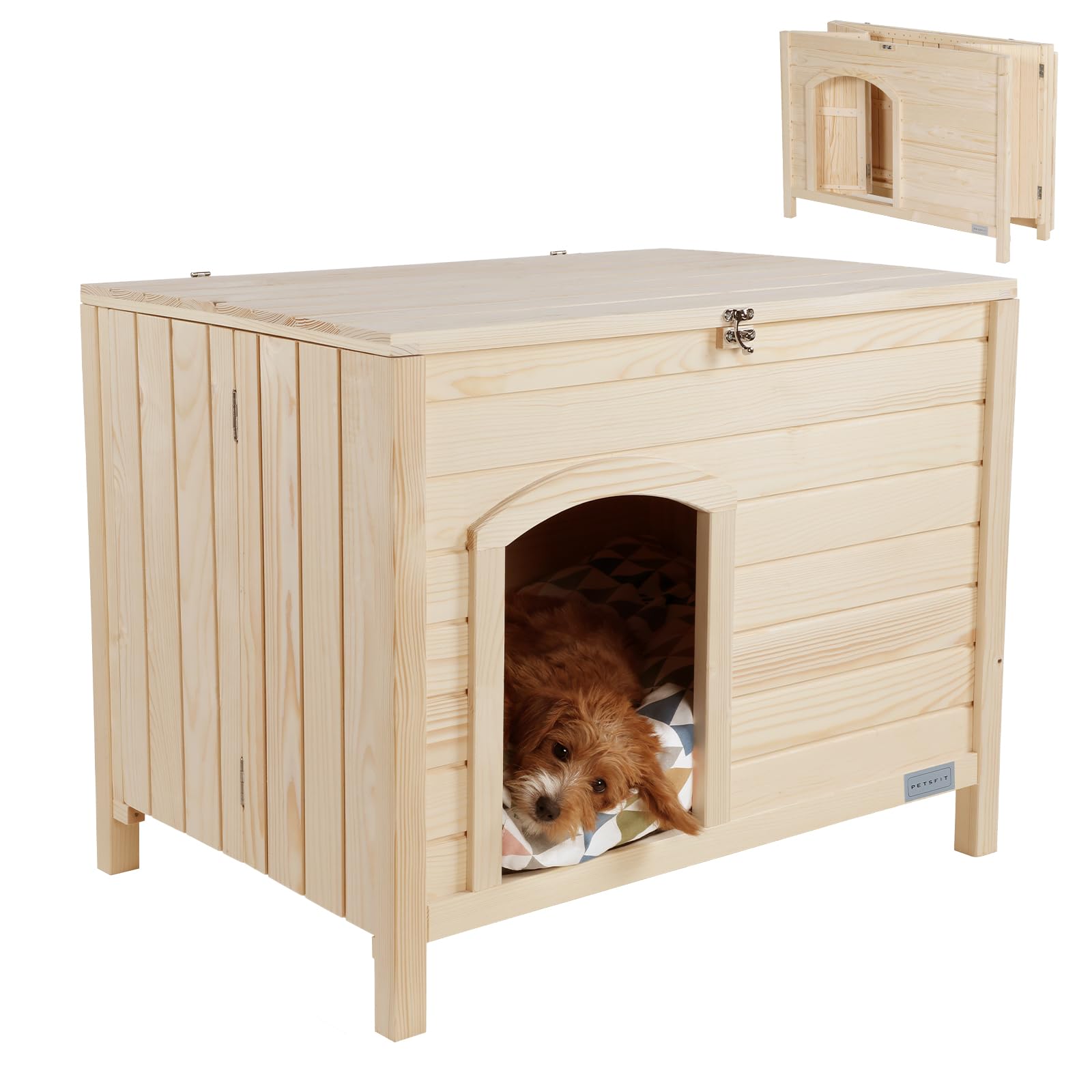 Petsfit 犬小屋 折りたたみ式 組立不要 天然杉木製 ペットハウス 犬舎 室内 中小型犬・猫用 防潮 通気性 清潔簡単 安全・快適な休憩スペース