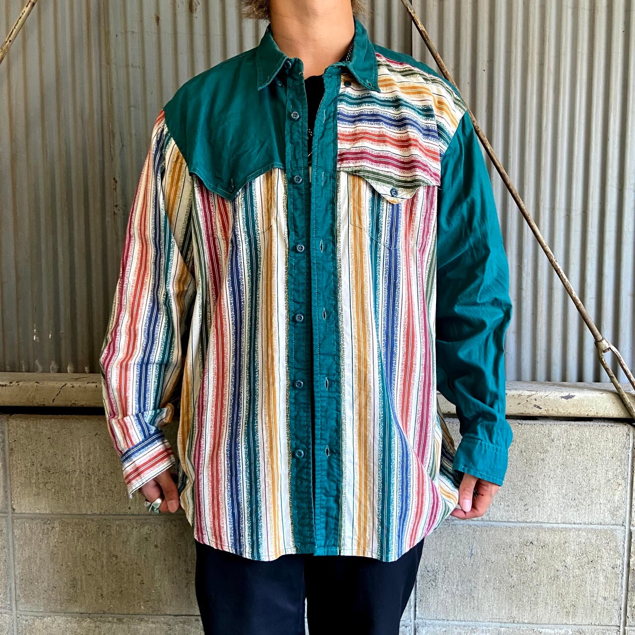 80年代 Saddlebrook 長袖 ウエスタン 切替 ストライプシャツ メンズL 