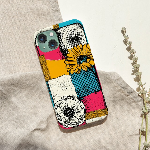 受注生産 iPhoneケース ひまわりと原色紙片の花コラージュ｜花モチーフ ZINE016D