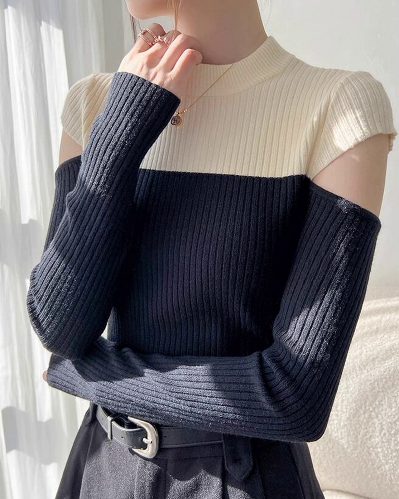 バイカラーオフショルダーニットトップス 2color A0528 - 6