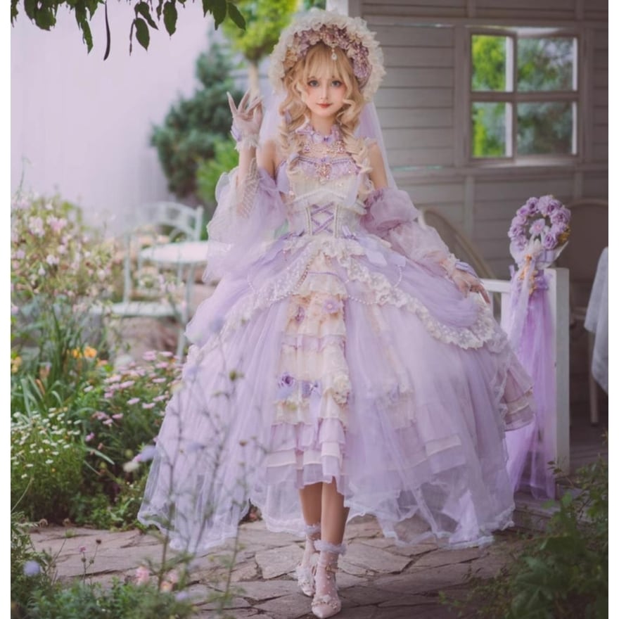 サブカル 服 地雷系 通販 スイートロリィタ プリンセスドレス ジャンパースカート パープル 花嫁茶会 猫妖精 エレガント イベント 撮影会衣装