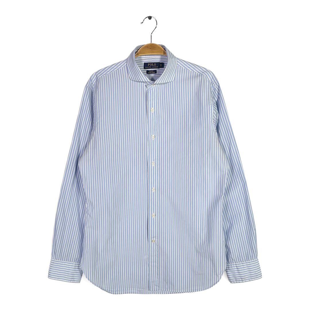 ラルフローレン ブルーストライプ ワイドカラーシャツ マチ付き ワンポイントロゴ スリムフィット 長袖シャツ RALPH LAUREN サイズM相当 古着 CA1527