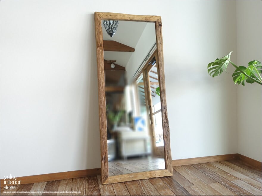 古材 鏡 壁掛けミラー オールドチークミラー壁掛80/E02 レトロ 無垢材