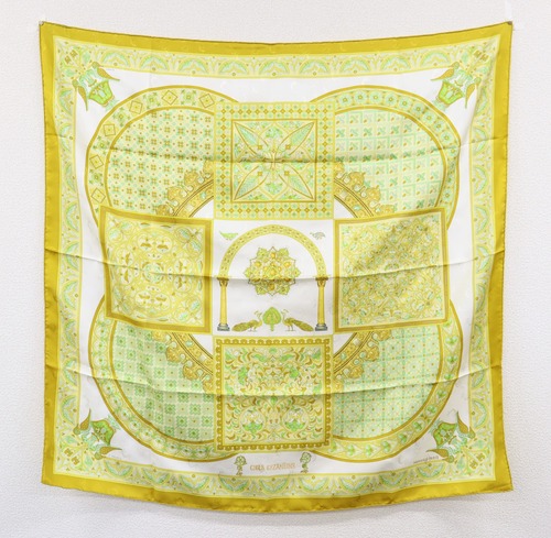 美品 HERMES　エルメス　カレ90　CIELS　BYZANTINS　ビザンチンの空　黄色　刺繍　シルクスカーフ　大判ショール　21-3586