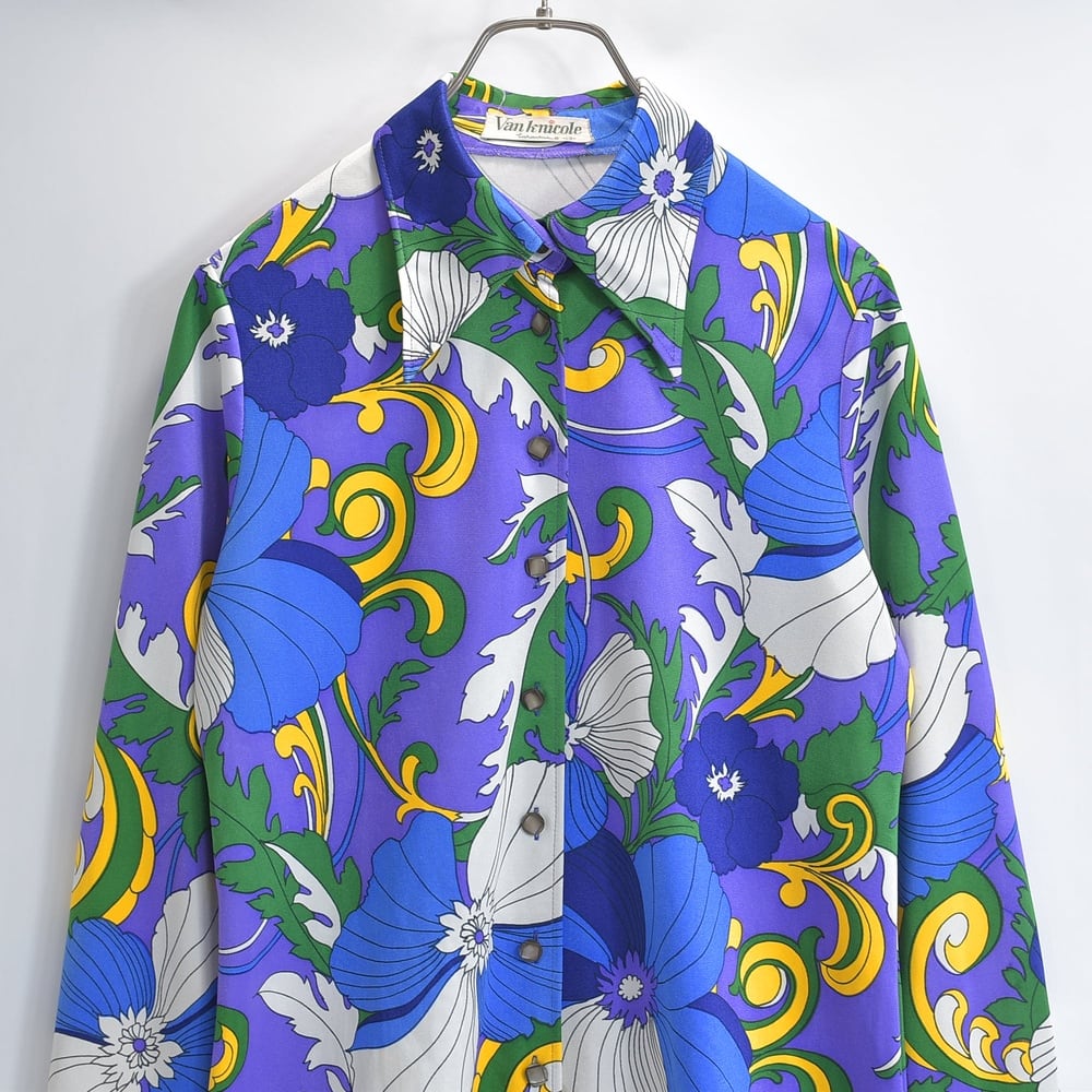 70s 80s 日本製 Van knicole ヴァンニコル 長袖シャツ ブラウス デカ襟 花柄 サイケデリック レトロ 昭和レトロ マルチカラー パープル USED ヴィンテージ ビンテージ 古着 レディース 13 / Mサイズ相当