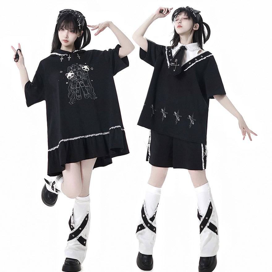 サブカル 服 地雷系 通販 ワンピース フード付き 闇かわいい パンダ イラスト pinksavior