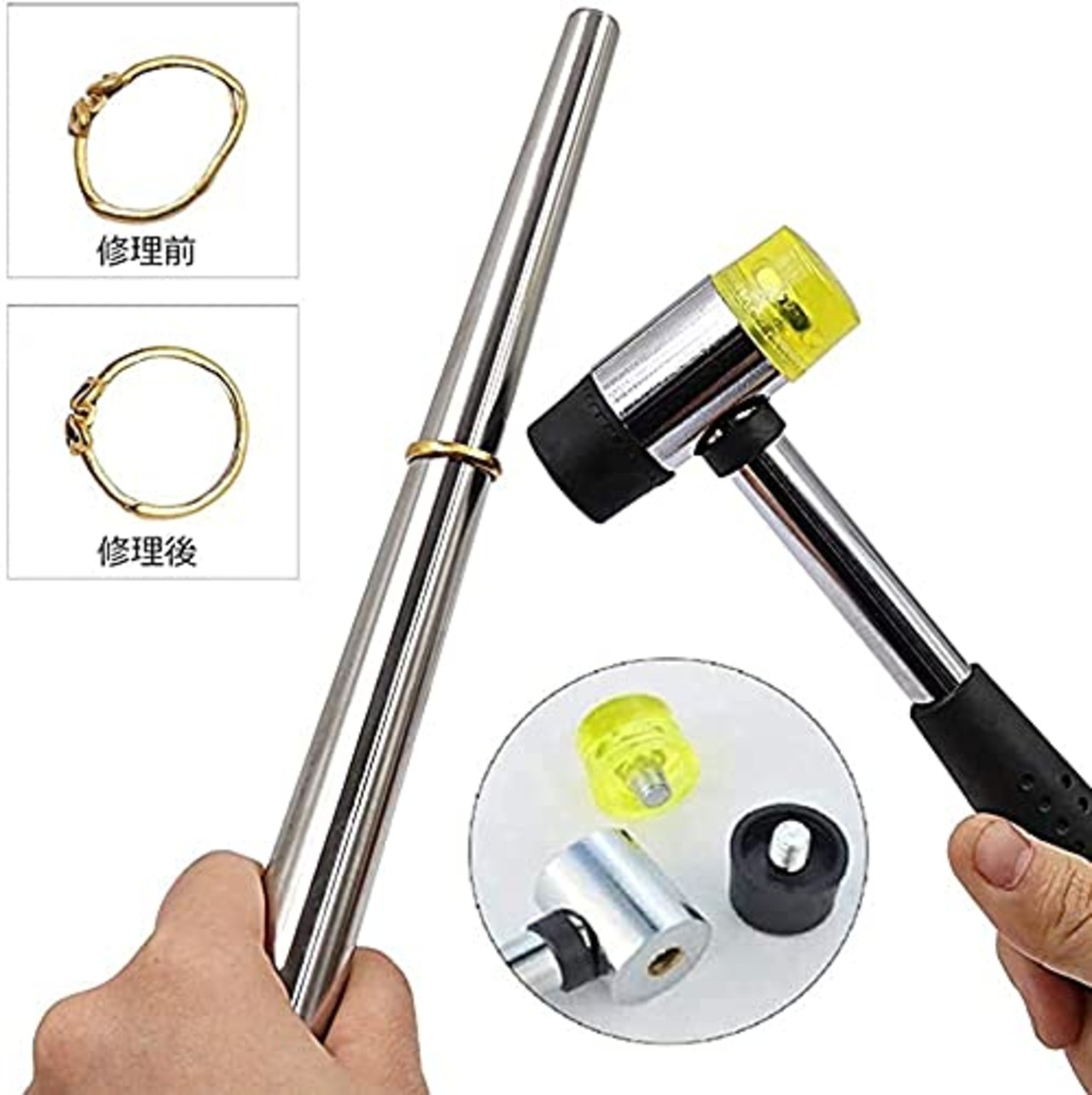 CNSTZBC 指輪 サイズ 測定 1号-30号対応 便利な リング 指輪 サイズ 調整 ＆ コンビハンマー 補修ツール 4点 セット スチール ジュエリー用 工具 道具 プラチナ