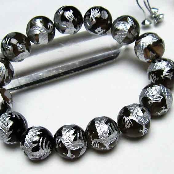 スモーキークォーツ 煙水晶 手彫り龍 ブレスレット 14mm [M便 1/10] 711-95