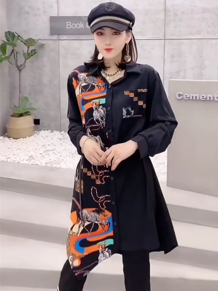 スプリングパターンドレス ルーズシャツ スカート 春物 ミックスインファッション15577044215