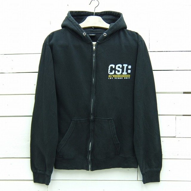 古着 CSI プリント ジップアップ パーカー ブラック フルジップ メンズ Sサイズ