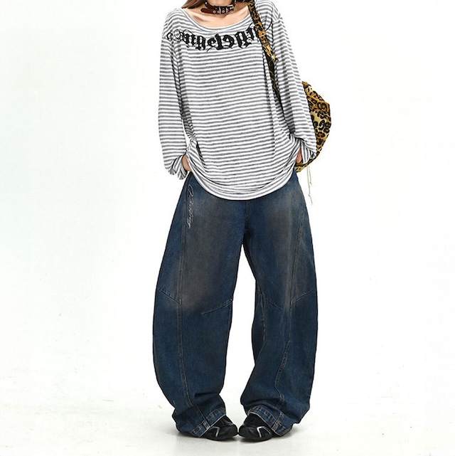 ゴシックレタリングボーダーボートネックカットソー 2col R01912