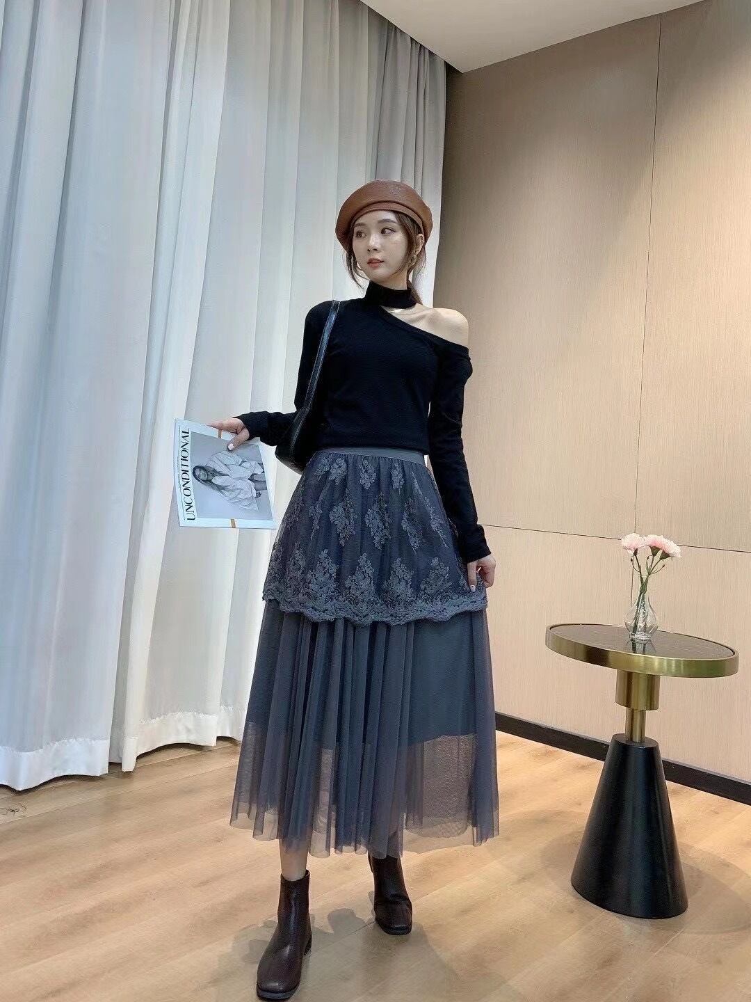 レース切り替えチュールスカート