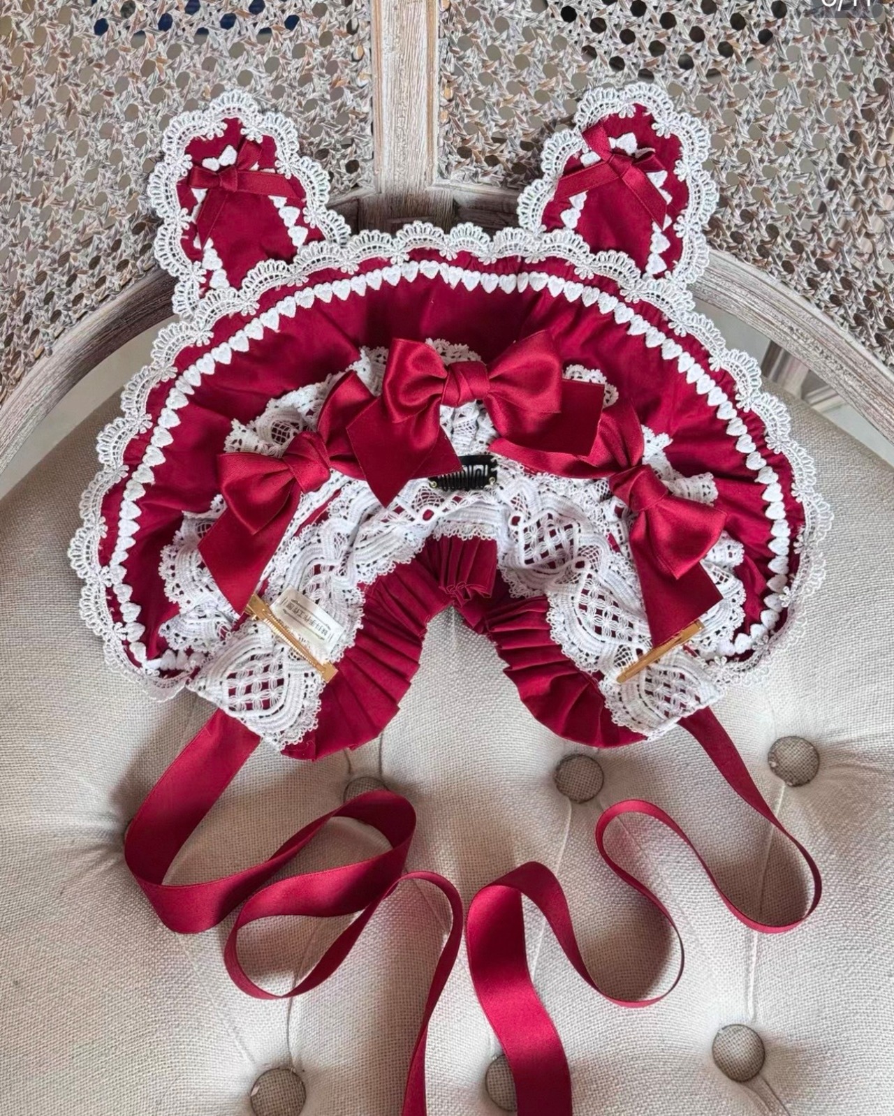 ♡【全9色】MAID うさみみフリルレースリボンハーフボンネット white ♡