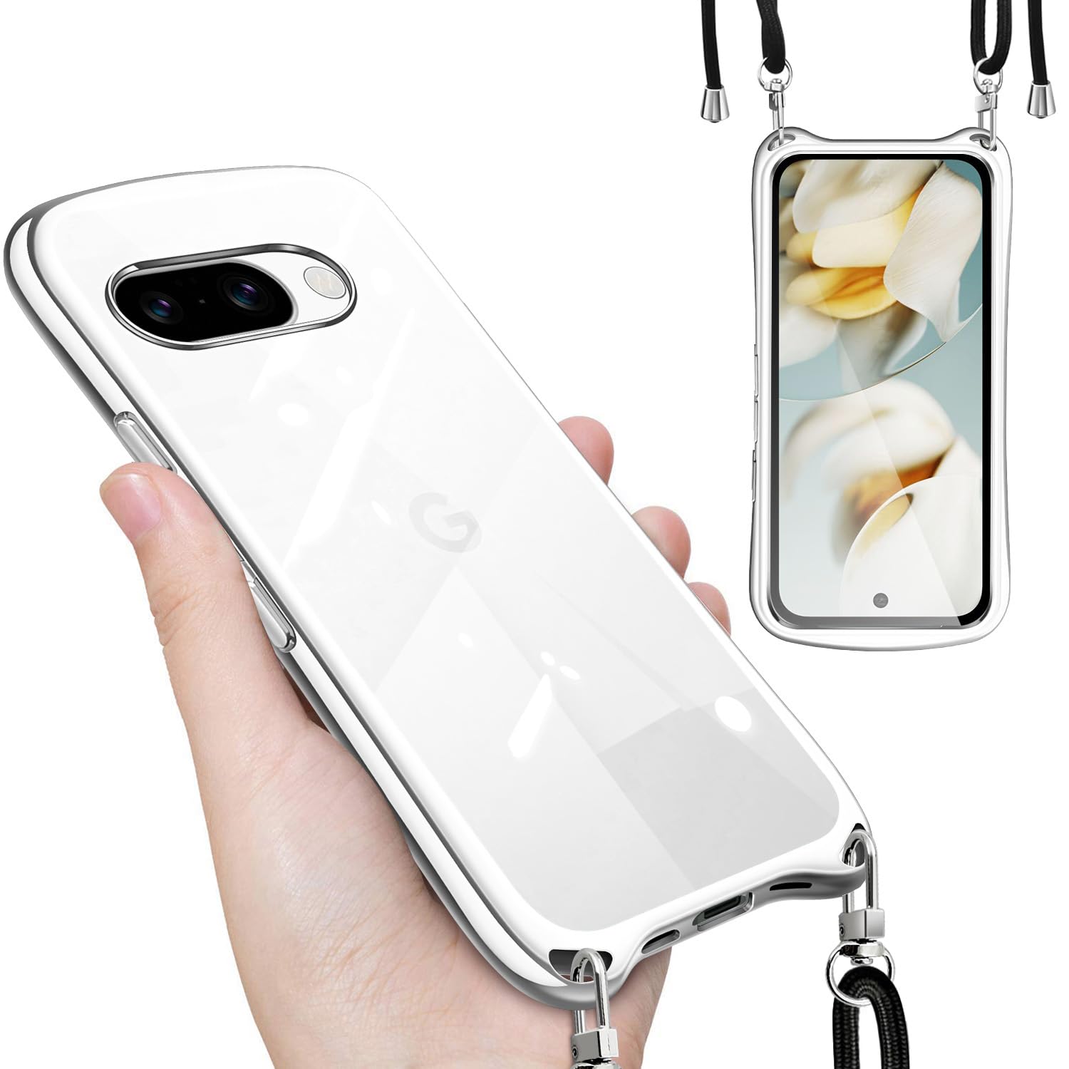 【努力特価】Google Pixel 9a 用の ケース ショルダー ストラップ付き グーグル ピクセル9a 用 クリア カバー 透明 肩掛け 縄掛け 斜めかけ TPU 耐衝撃 全面保護 薄型 韓国 可愛い Pixel 9a 用の スマホケース (シルバー)