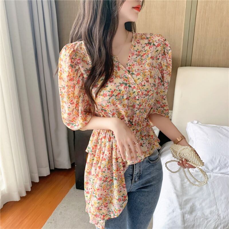 フローラルサマーVネック薄手シフォンシャツ ブラウス レディース 夏物 花柄 ハンチェンe99096549424