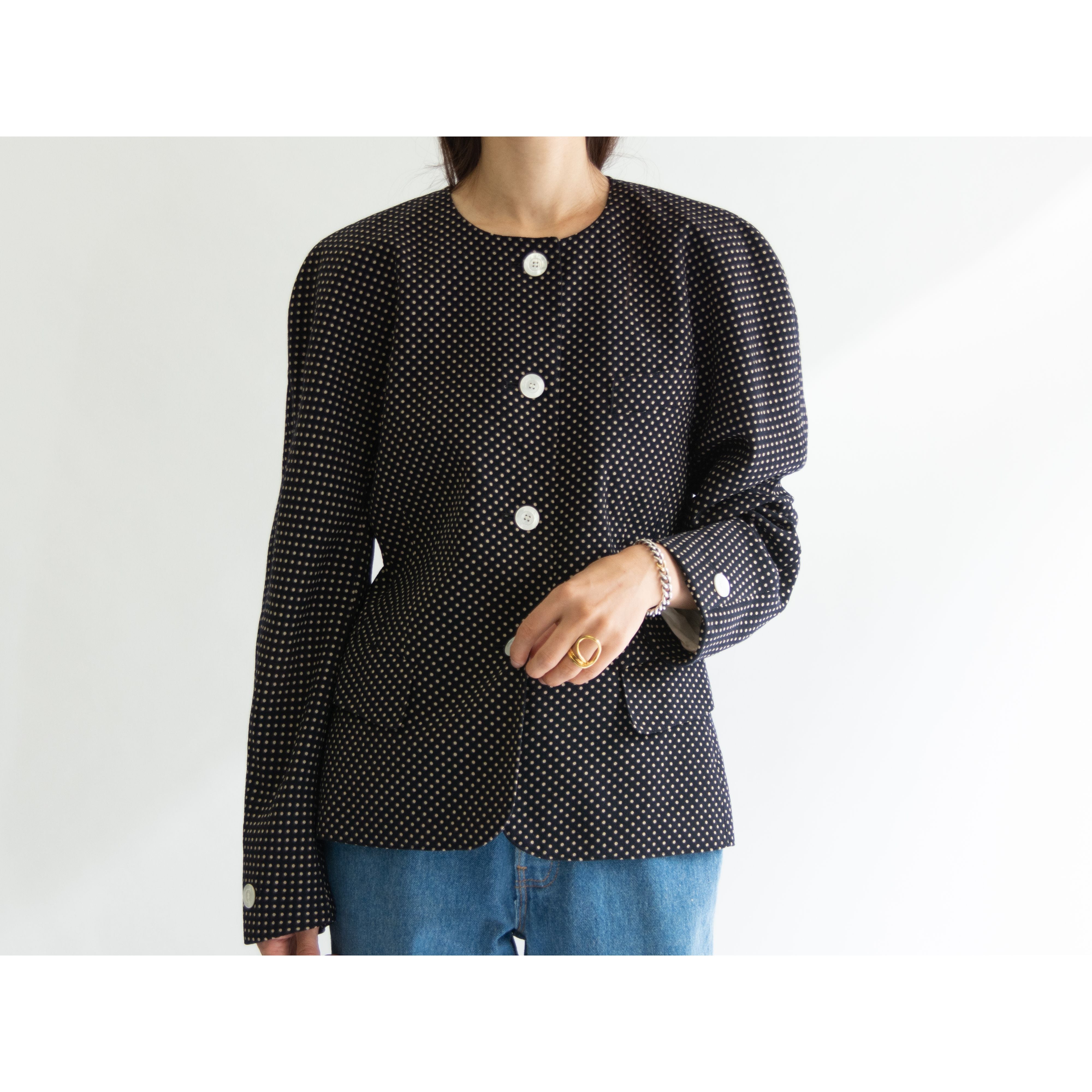 【ESCADA BY MARGARETHA LEY】Made in W.Germany 80's Wool-Nylon Collarless Jacket（エスカーダ 西ドイツ製ウールナイロンドット柄ノーカラージャケット）