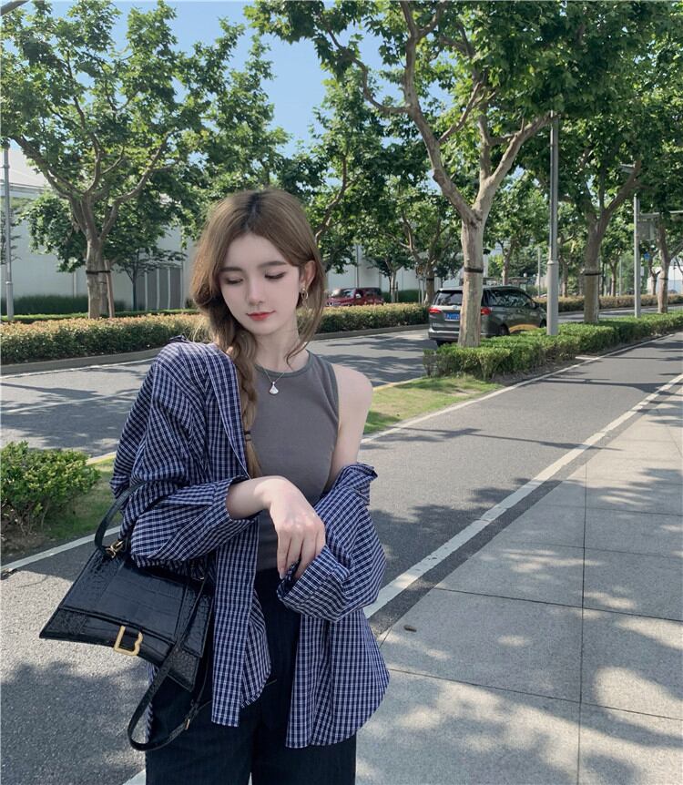 格子柄シャツ ルーズジャケット サマー薄手トップス ロング 夏物 ブラックストロベリース51784955605