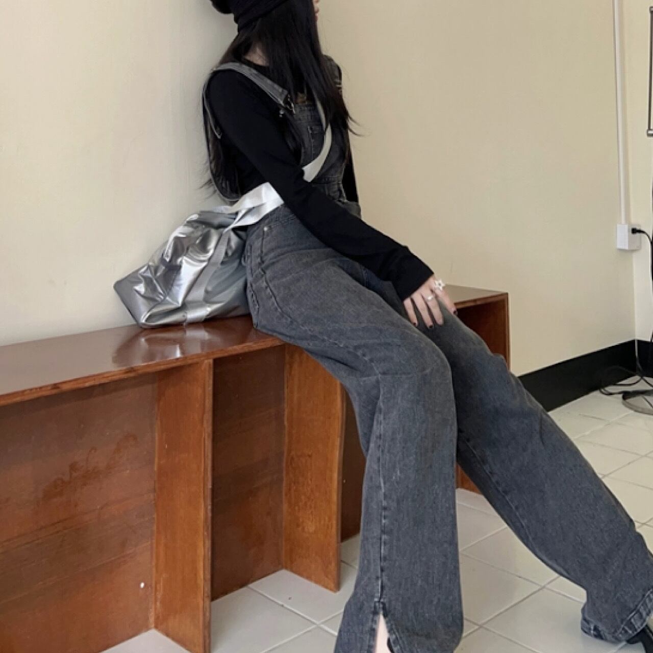 グレー デニム 緩い ワイド レッグ ジャンプ 8サイズ スーツ