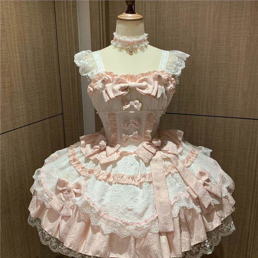 ロリータファッション 甘ロリ ピンクレースリボンワンピース