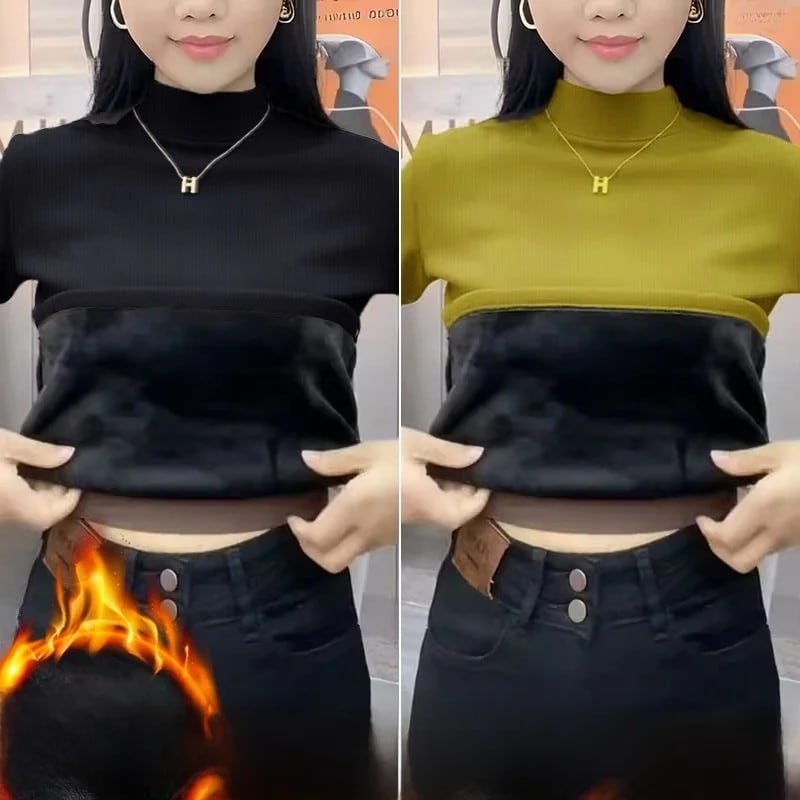 厚手フリース暖かインナーウェア長袖ミッドネックレディースTシャツスリムフィット秋冬ベースシャツスタンドカラー2点セット