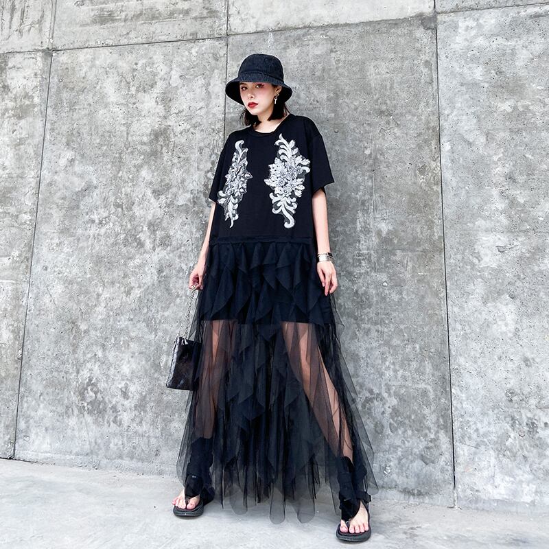 Xplatycodonフレンチヘップバーンドレス2020新夏プラスサイズスリムフェアリースーパーフェアリー半袖ステッチメッシュスカート ラブタオタオダレンハウス4198832300