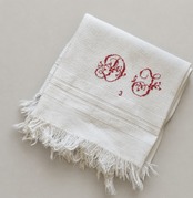 フランス ヴィンテージ 赤糸モノグラム刺繍 ワッフル織りフリンジクロス【sa1018】