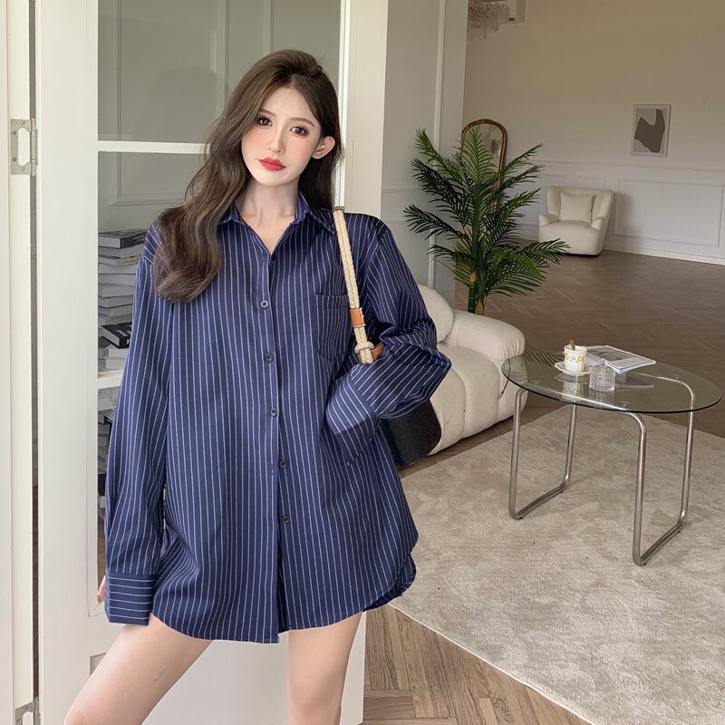 ストライプシャツ スタイルジャケット サマー薄手トップス ロング 夏物 ブラックストロベリース26411145014