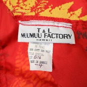 【美品 ハワイ製 フラダンス衣装】レッド T&L MUUMUU FACTORY ワンピース ドレス 赤 緑 黄 オレンジ フリル 七分袖 葉っぱ柄
