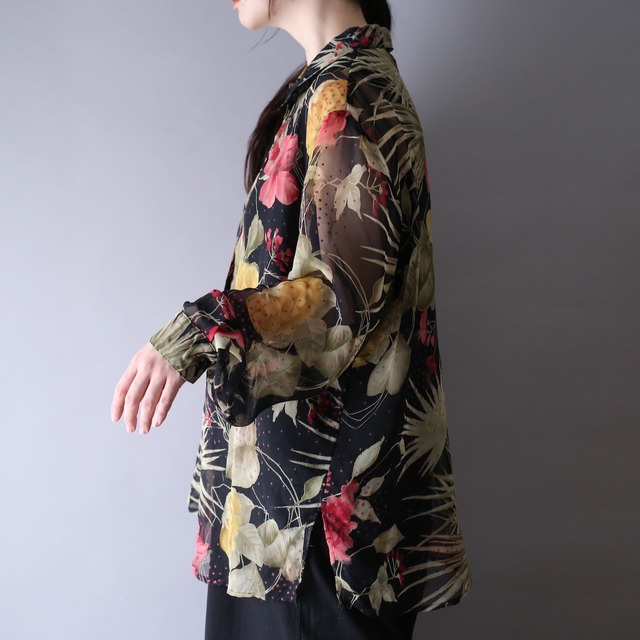 black base flower art pattern over silhouette sheer shirt